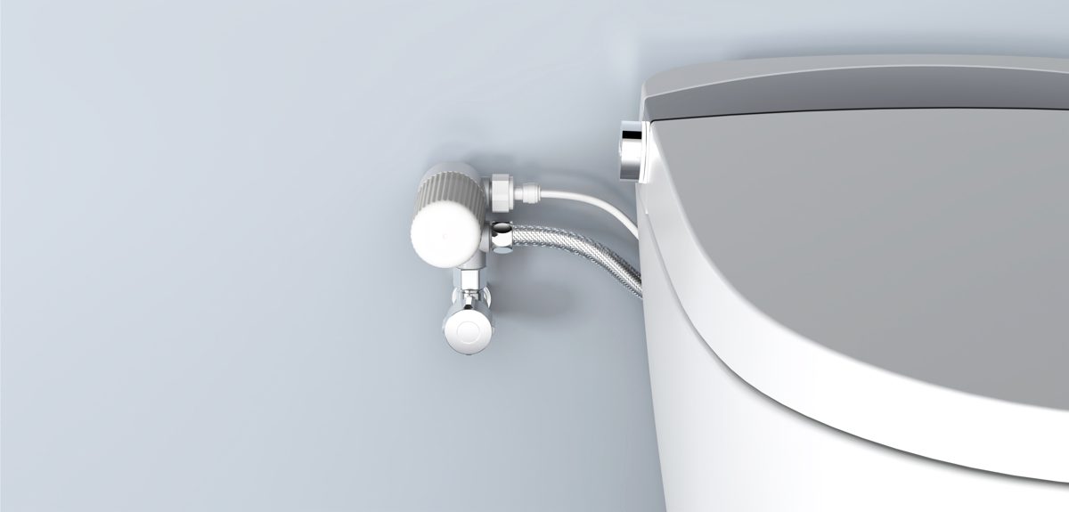 Dual-outlet tee bidet filter mounted on a toilet angle valve feeding the cistern and the smart toilet seat