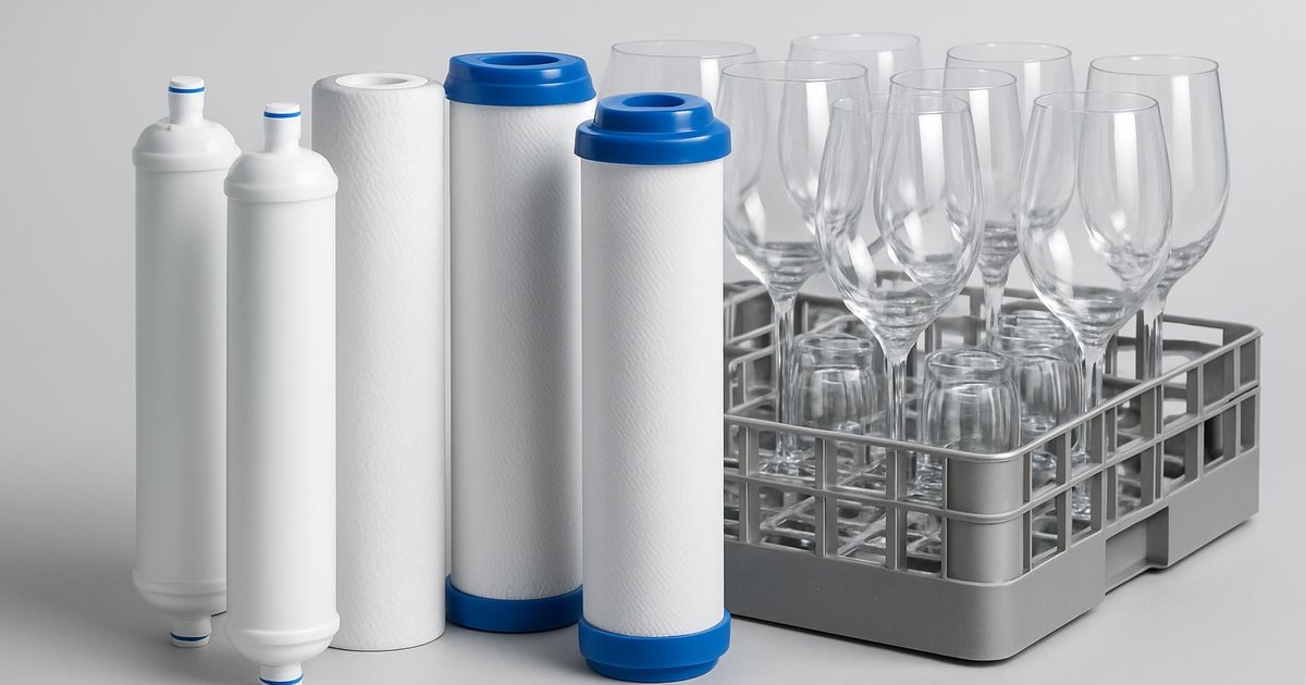 Commercial water filter cartridges beside a dishwasher rack of spot-free glassware
